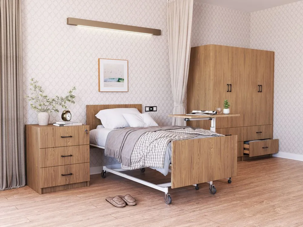 Resident room in a natural oak finish